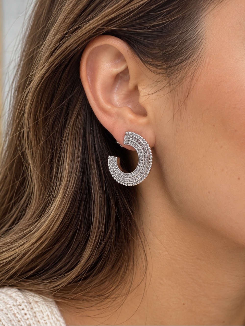 Anna Silver Textured Crescent Stud Earrings - Silver
